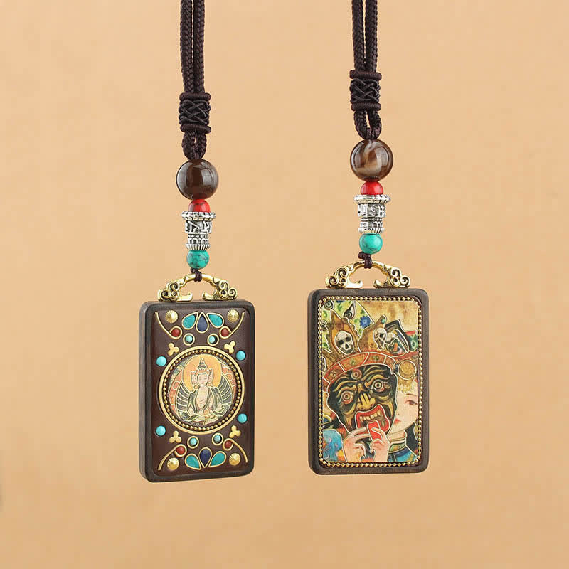 Collier pendentif en bois d'ébène avec cinq dieux de la richesse | Paix