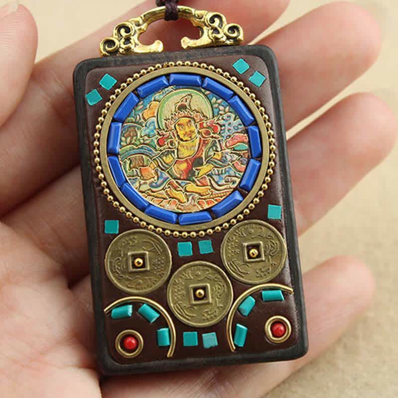 Collier pendentif en bois d'ébène avec cinq dieux de la richesse | Paix