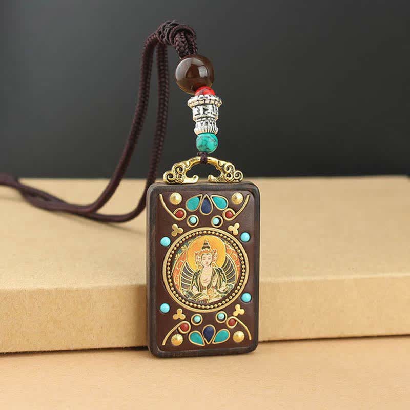 Collier pendentif en bois d'ébène avec cinq dieux de la richesse | Paix