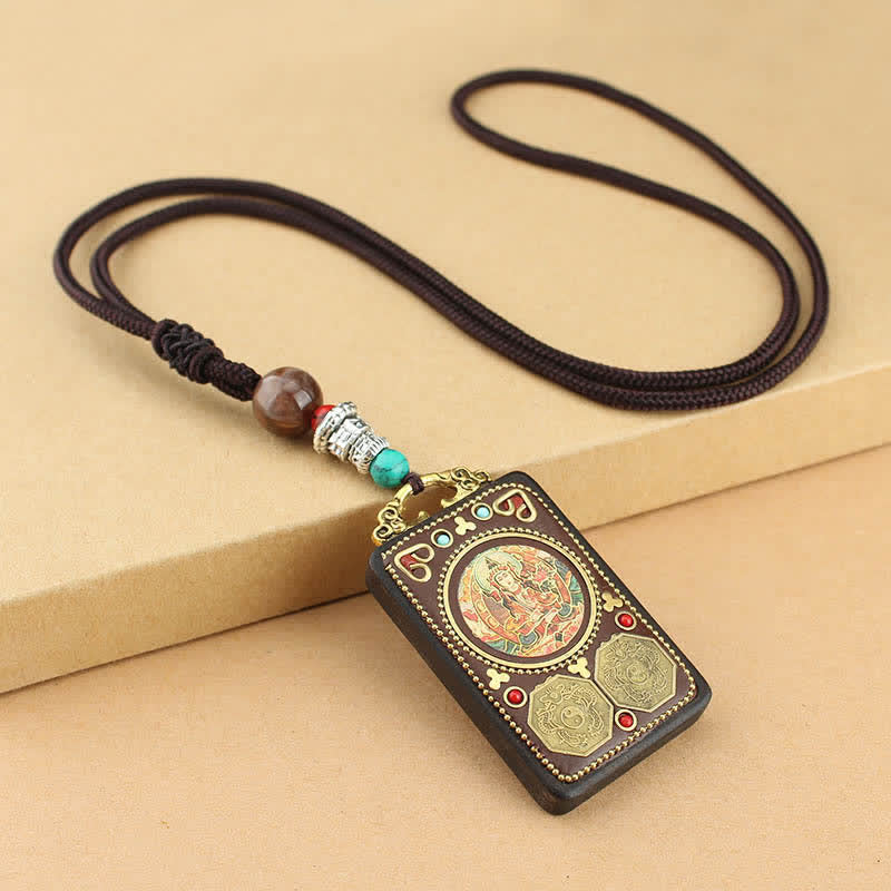 Collier pendentif en bois d'ébène avec cinq dieux de la richesse | Paix
