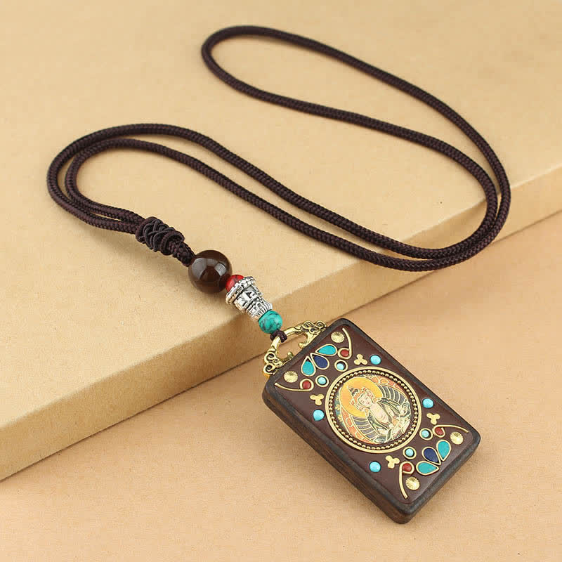 Collier pendentif en bois d'ébène avec cinq dieux de la richesse | Paix