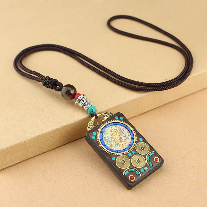 Collier pendentif en bois d'ébène avec cinq dieux de la richesse | Paix