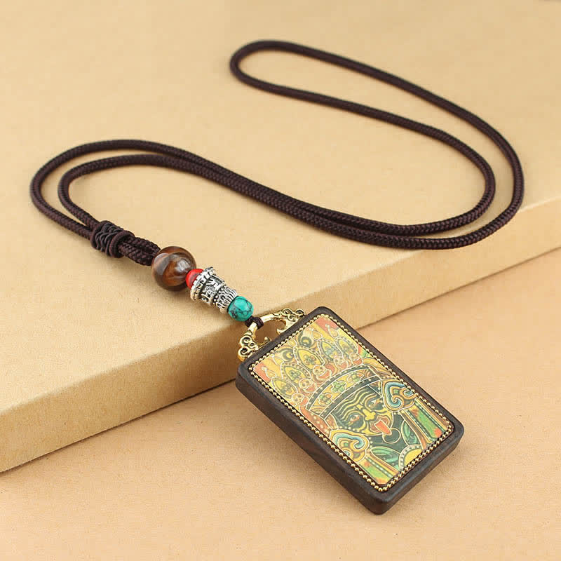 Collier pendentif en bois d'ébène avec cinq dieux de la richesse | Paix