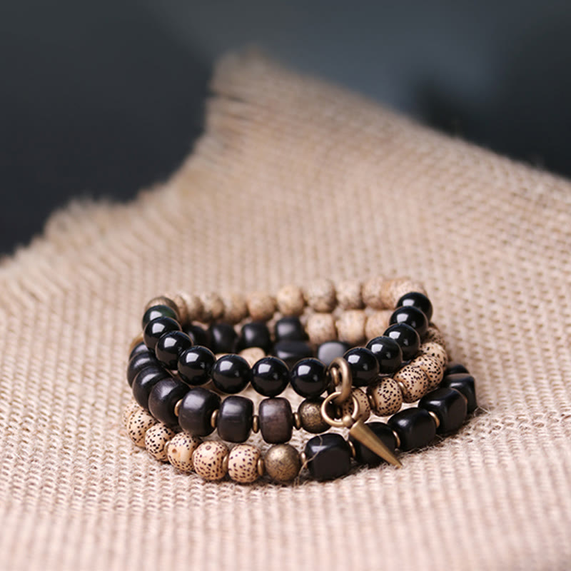 Bracelet de paix en bois d'ébène et obsidienne 15 cm unisexe