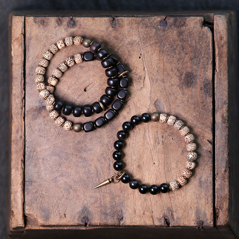 Bracelet de paix en bois d'ébène et obsidienne 15 cm unisexe