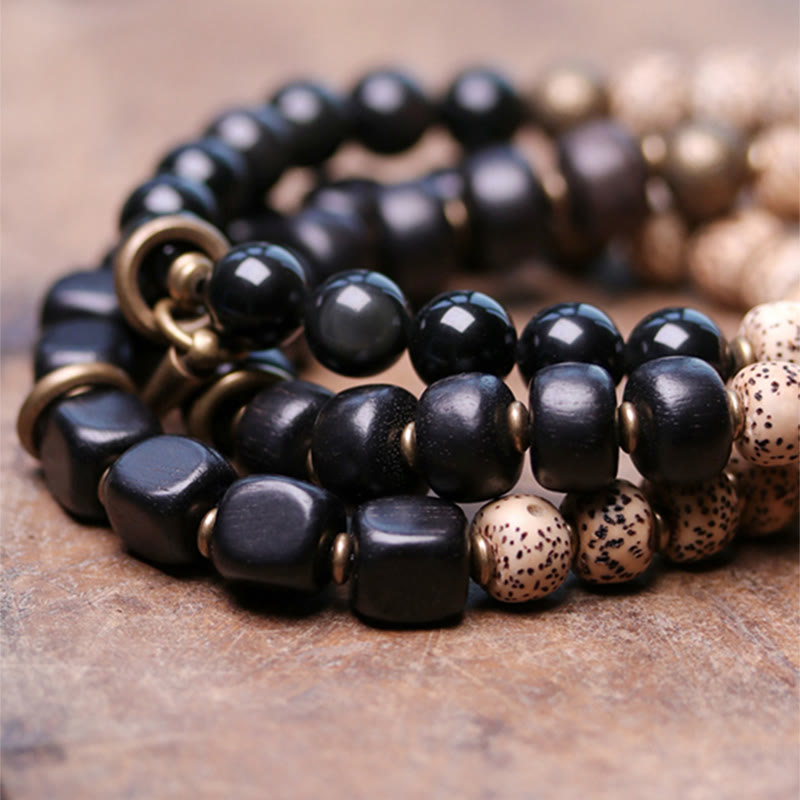 Bracelet de paix en bois d'ébène et obsidienne 15 cm unisexe