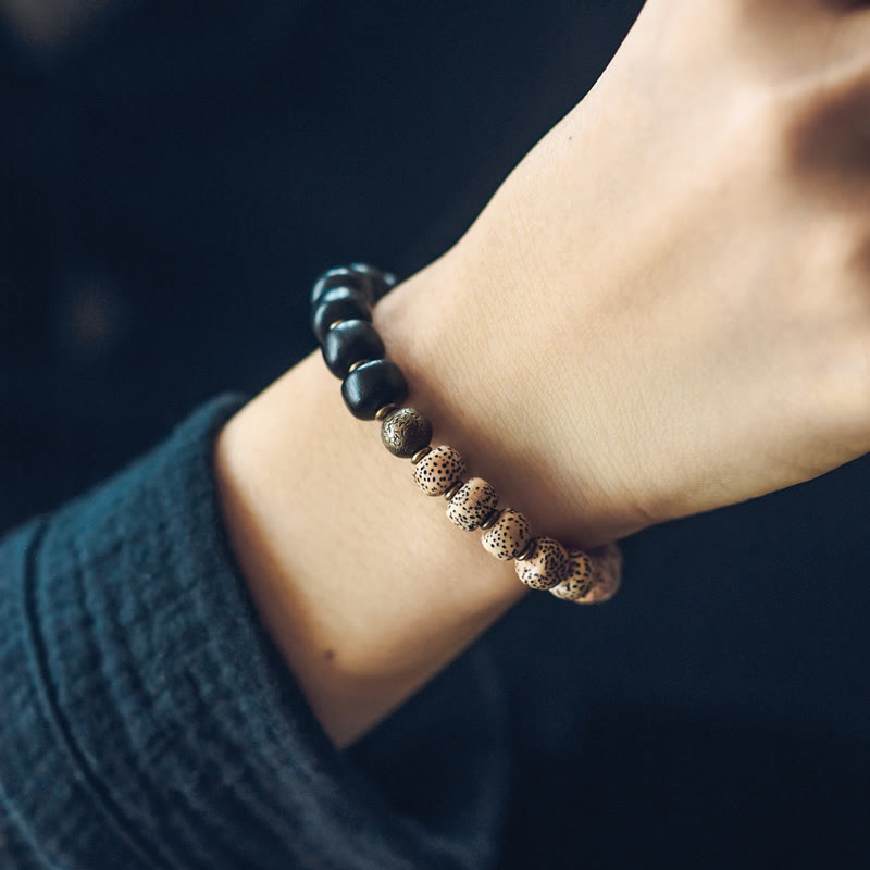 Bracelet de paix en bois d'ébène et obsidienne 15 cm unisexe