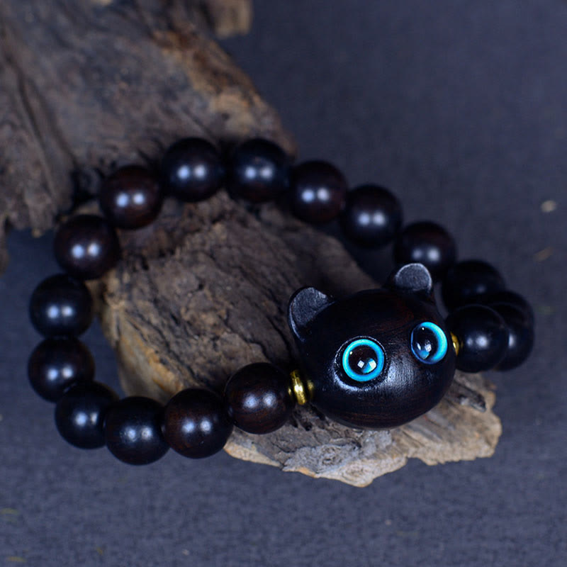 Bracelet Paix et Équilibre en Bois d'Ébène avec Motif Chat