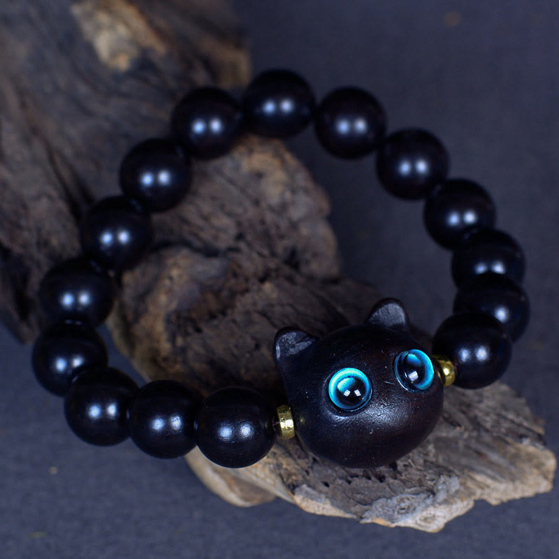 Bracelet Paix et Équilibre en Bois d'Ébène avec Motif Chat