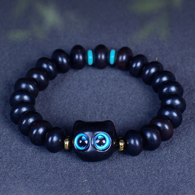 Bracelet Paix et Équilibre en Bois d'Ébène avec Motif Chat