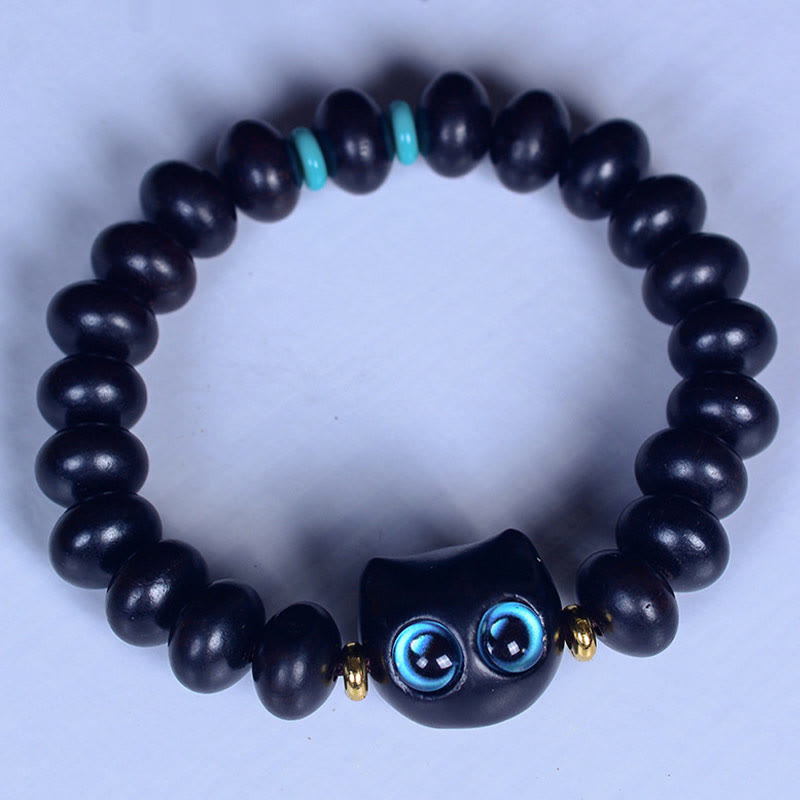 Bracelet Paix et Équilibre en Bois d'Ébène avec Motif Chat