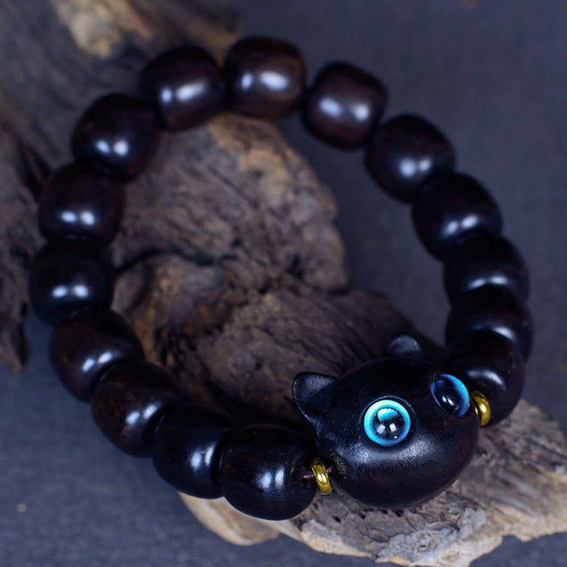 Bracelet Paix et Équilibre en Bois d'Ébène avec Motif Chat