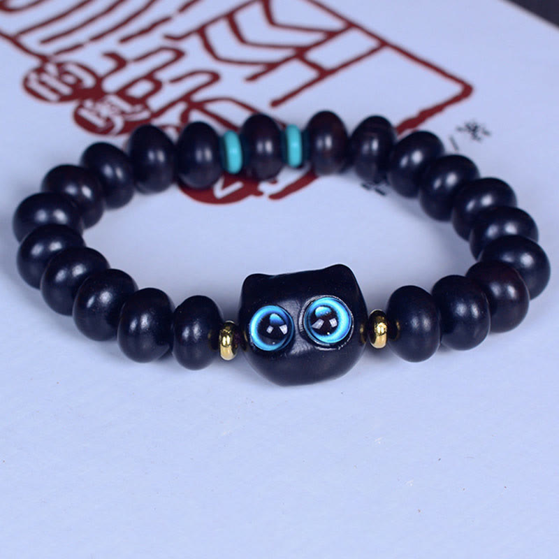 Bracelet Paix et Équilibre en Bois d'Ébène avec Motif Chat