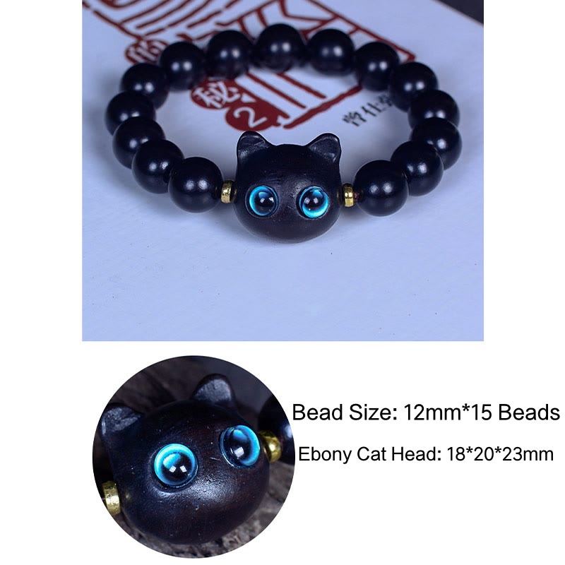 Bracelet Paix et Équilibre en Bois d'Ébène avec Motif Chat