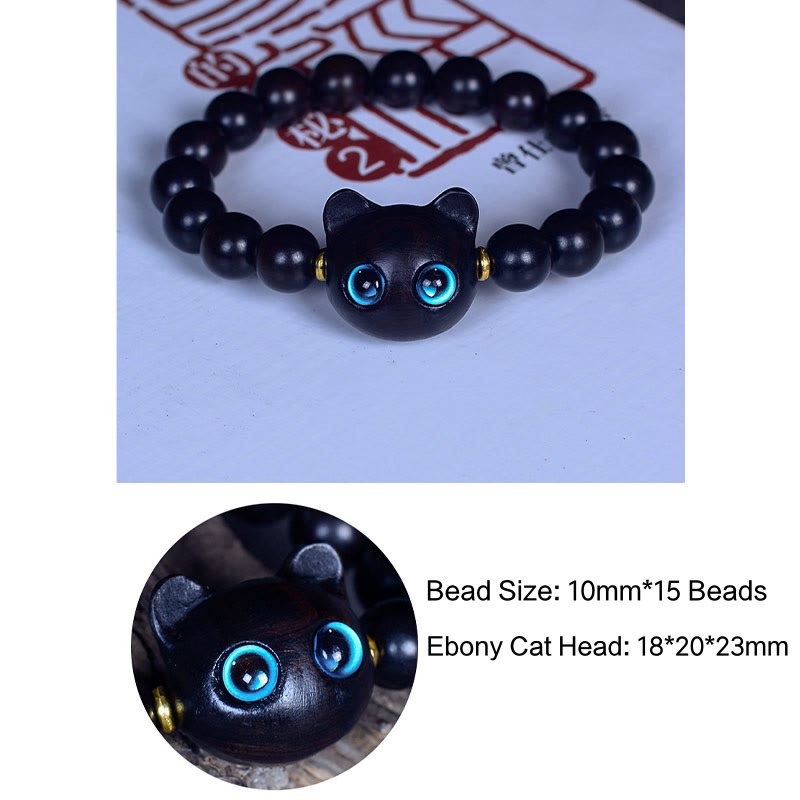 Bracelet Paix et Équilibre en Bois d'Ébène avec Motif Chat
