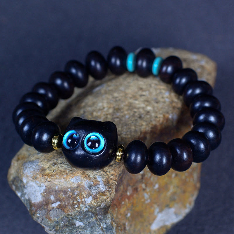 Bracelet Paix et Équilibre en Bois d'Ébène avec Motif Chat