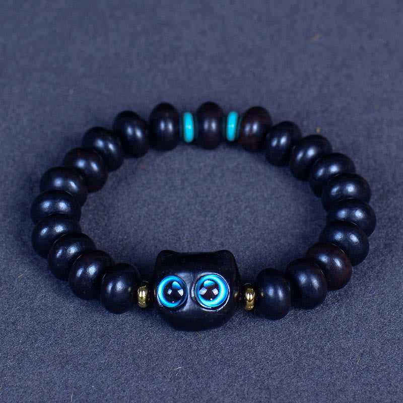Bracelet Paix et Équilibre en Bois d'Ébène avec Motif Chat