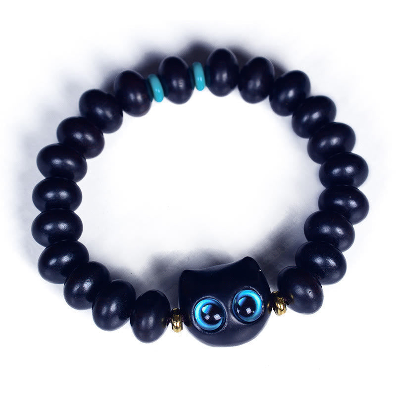 Bracelet Paix et Équilibre en Bois d'Ébène avec Motif Chat