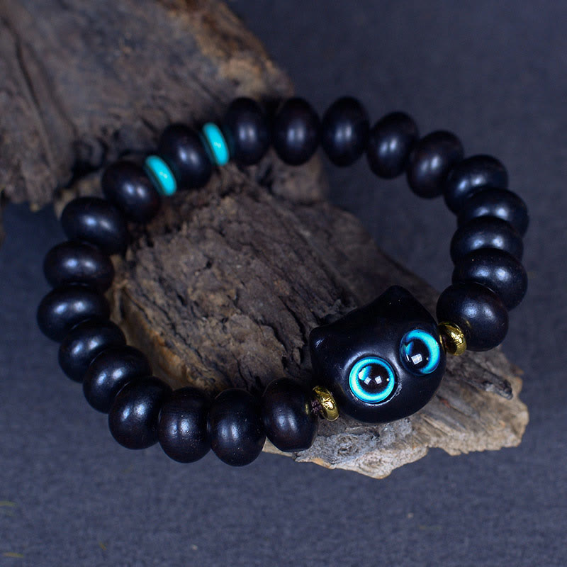 Bracelet Paix et Équilibre en Bois d'Ébène avec Motif Chat