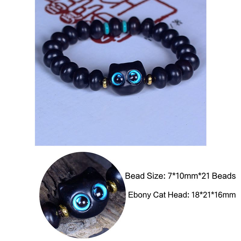 Bracelet Paix et Équilibre en Bois d'Ébène avec Motif Chat