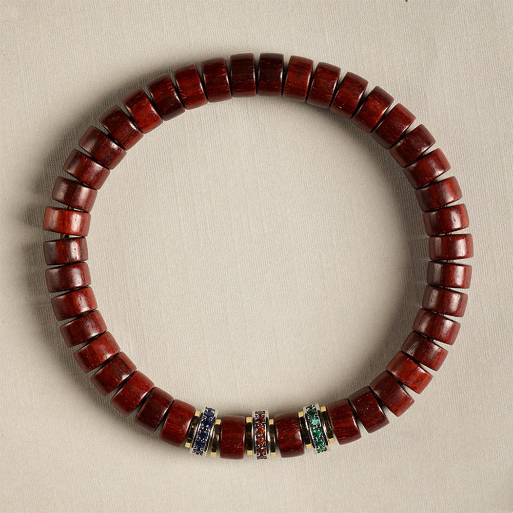 Bracelet Peace en bois d'ébène avec petite feuille de santal rouge et zircon, unisexe