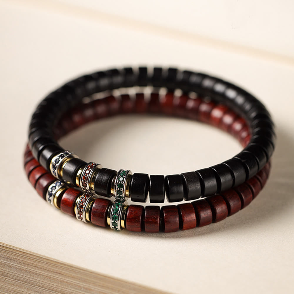 Bracelet Peace en bois d'ébène avec petite feuille de santal rouge et zircon, unisexe
