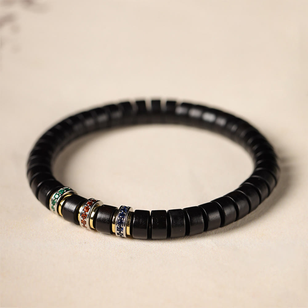 Bracelet Peace en bois d'ébène avec petite feuille de santal rouge et zircon, unisexe