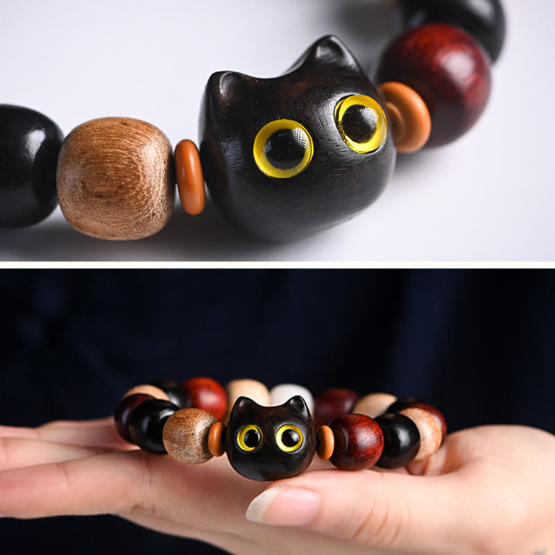 Bracelet de protection en bois d'ébène avec breloque chat en bois de santal rouge à petites feuilles