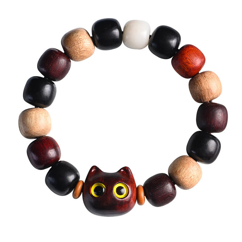 Bracelet de protection en bois d'ébène avec breloque chat en bois de santal rouge à petites feuilles