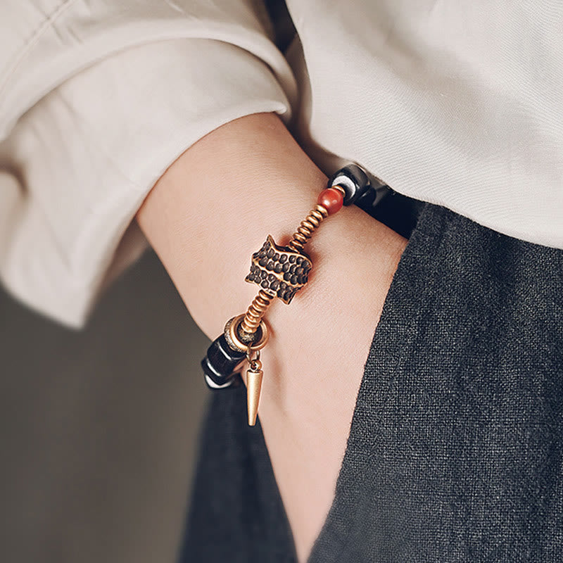 Bracelet Yin Yang Paix en Bois d'Ébène et Agate Rouge 8 mm