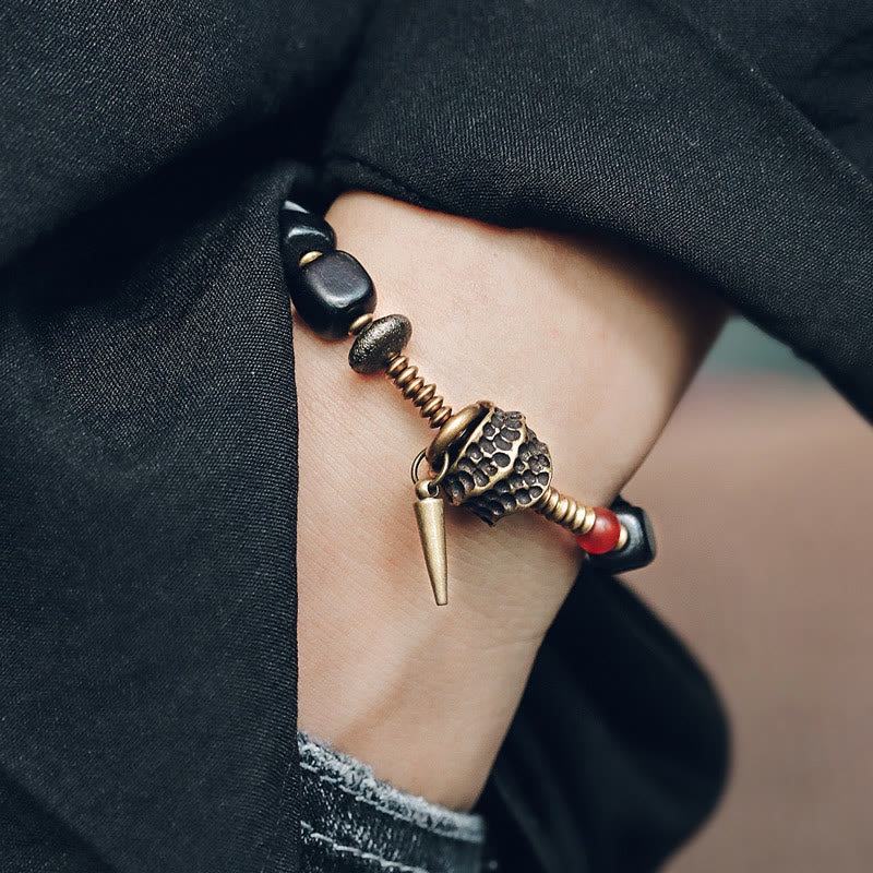 Bracelet Yin Yang Paix en Bois d'Ébène et Agate Rouge 8 mm
