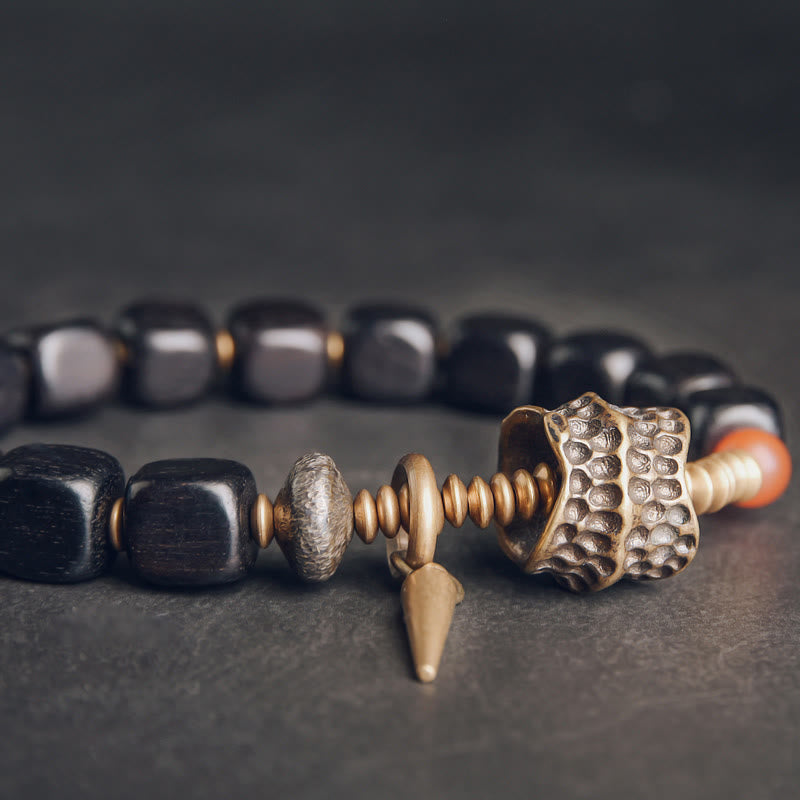 Bracelet Yin Yang Paix en Bois d'Ébène et Agate Rouge 8 mm