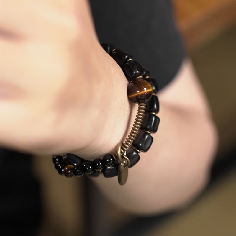 Bracelet double tour en bois d'ébène et œil de tigre pour la paix et l'équilibre