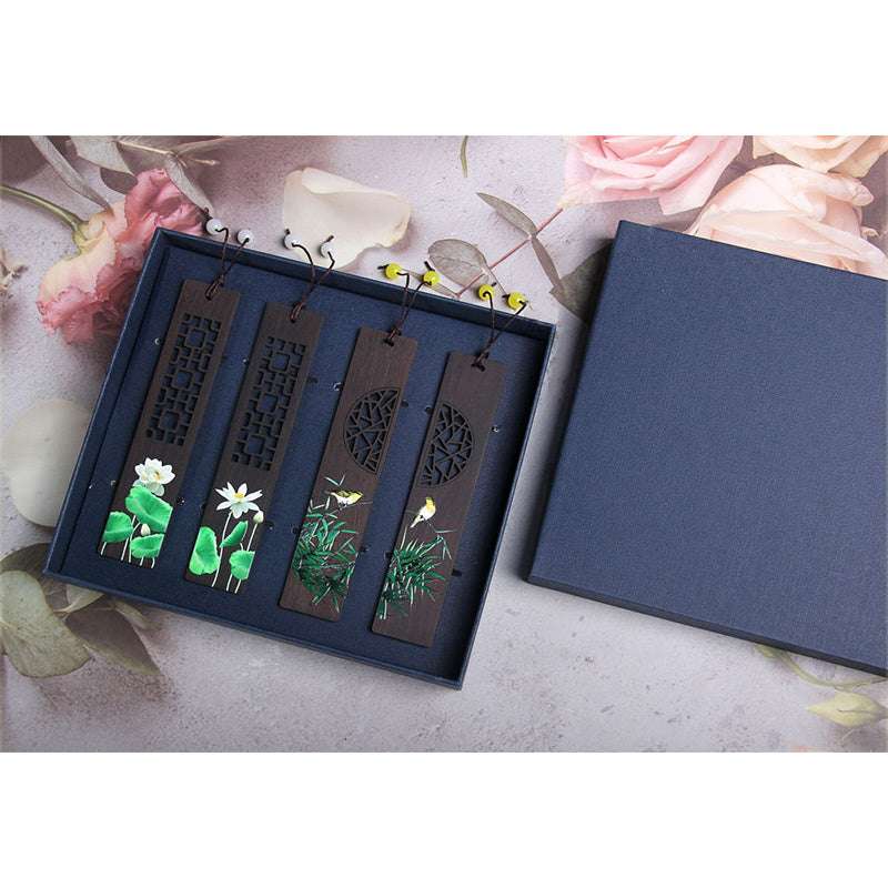 Marque-page zen en bois d'ébène avec motif lotus vert et loriot