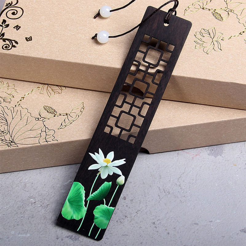 Marque-page zen en bois d'ébène avec motif lotus vert et loriot