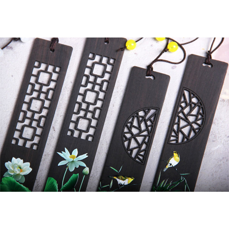 Marque-page zen en bois d'ébène avec motif lotus vert et loriot