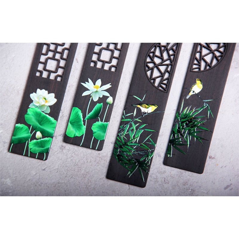 Marque-page zen en bois d'ébène avec motif lotus vert et loriot