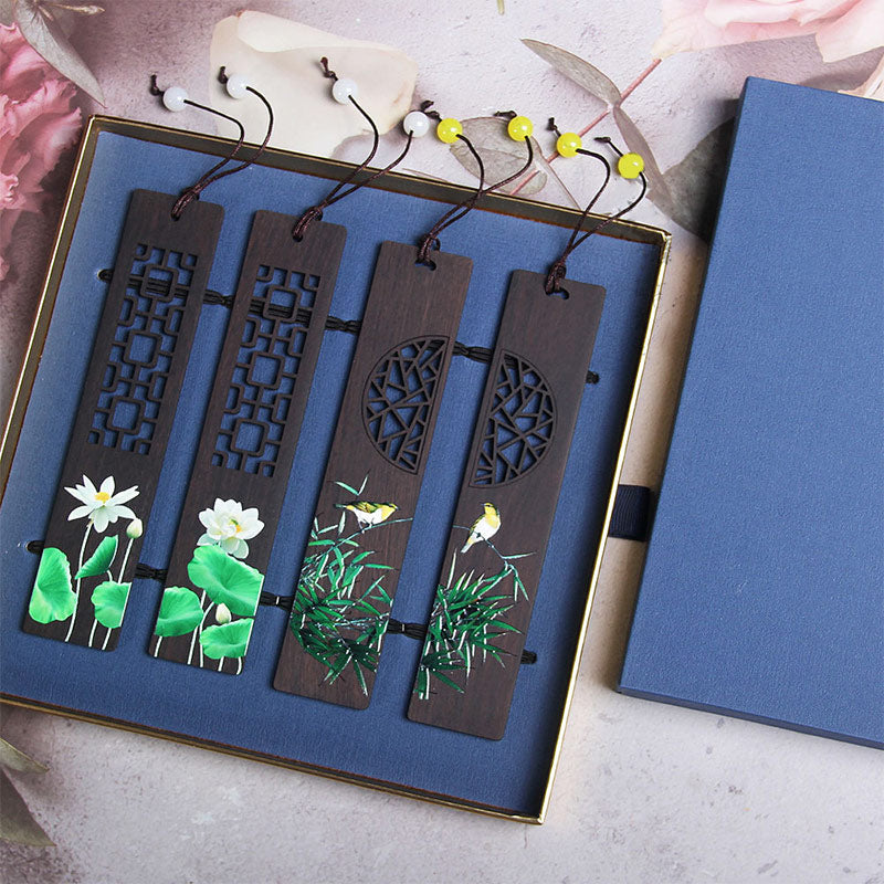 Marque-page zen en bois d'ébène avec motif lotus vert et loriot