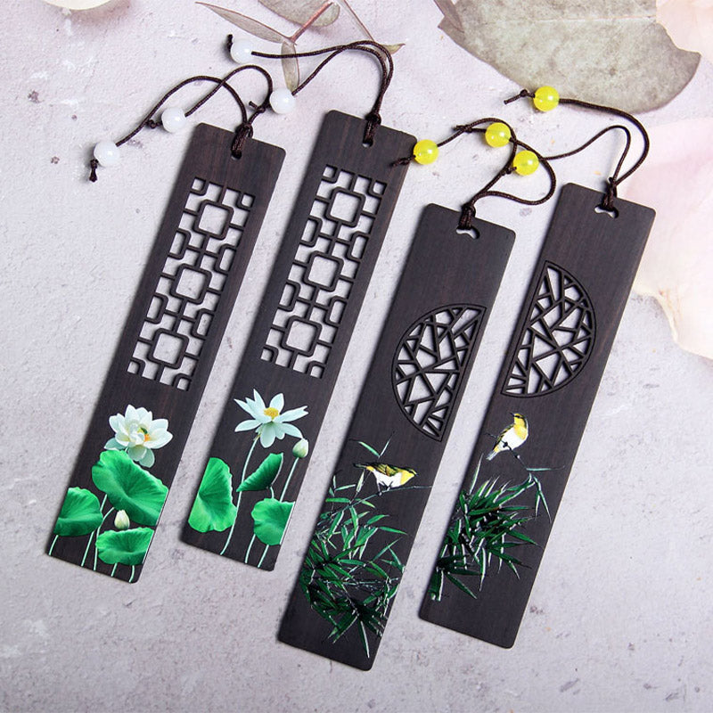 Marque-page zen en bois d'ébène avec motif lotus vert et loriot