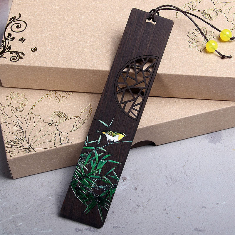 Marque-page zen en bois d'ébène avec motif lotus vert et loriot