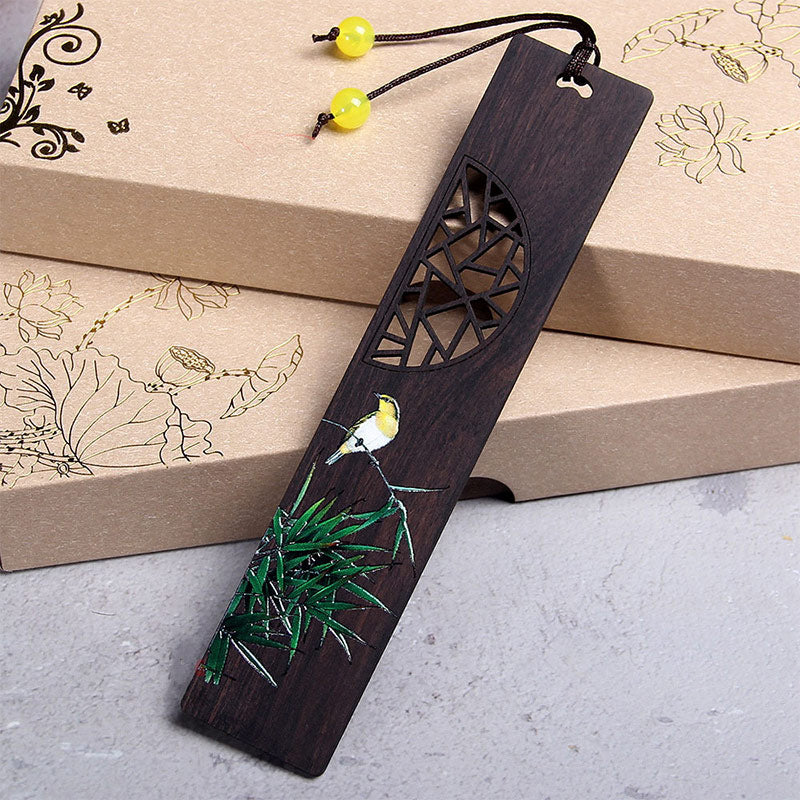Marque-page zen en bois d'ébène avec motif lotus vert et loriot