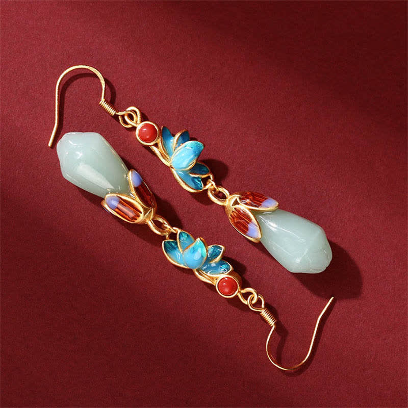 Magnolia Flower Jade Prosperity Drop Dangle Earrings