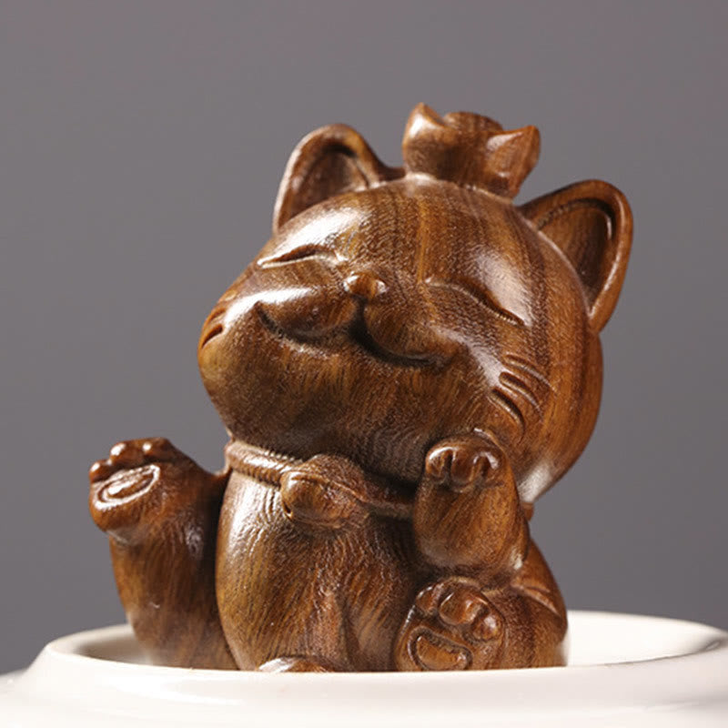 5cm Green Sandalwood Lucky Cat Statue for Peace & Prosperity