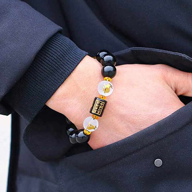 Feng Shui Obsidian Bracelet 14mm Zodiac Five Elements