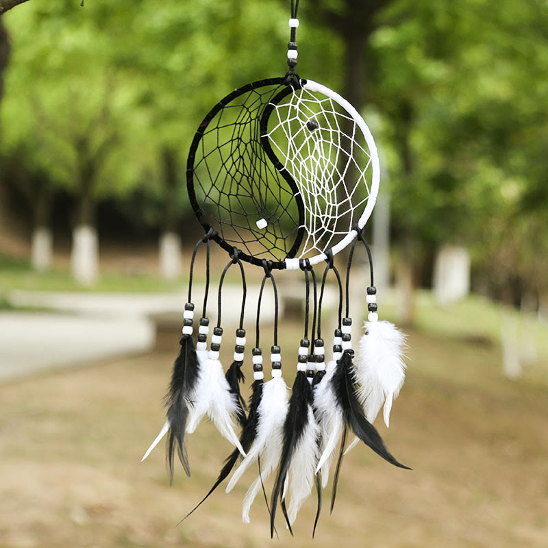 Yin Yang Dream Catcher with Feathers | Balance Wall Art