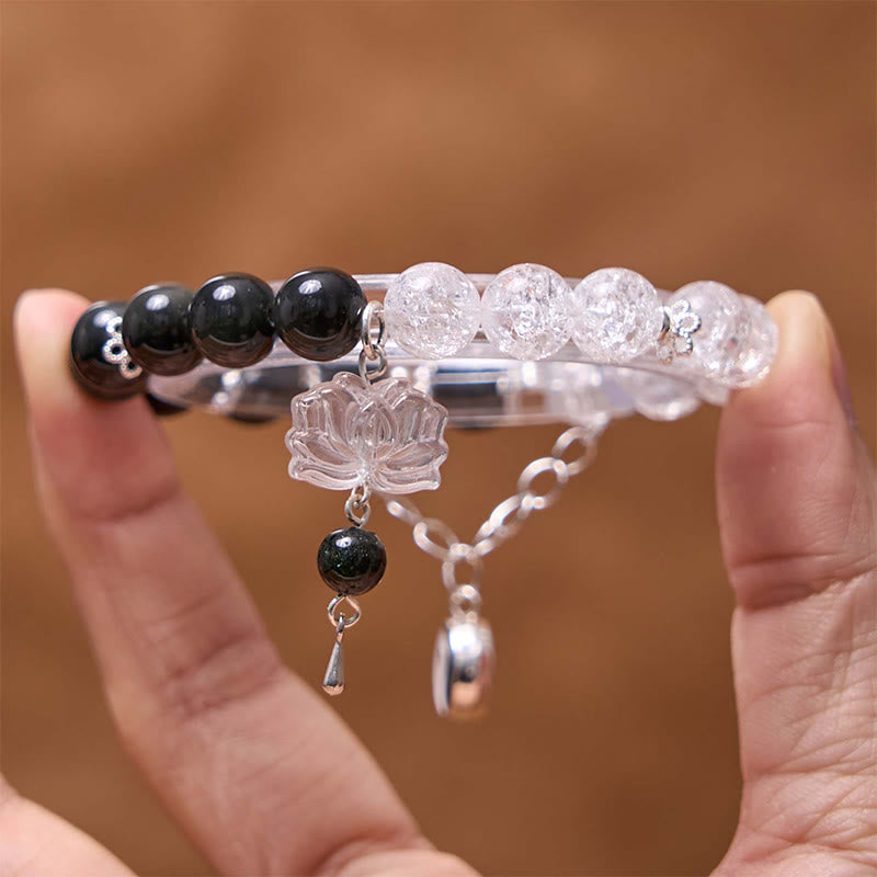 Silver Sheen Obsidian Protection Bracelet with Yin Yang Lotus Charm