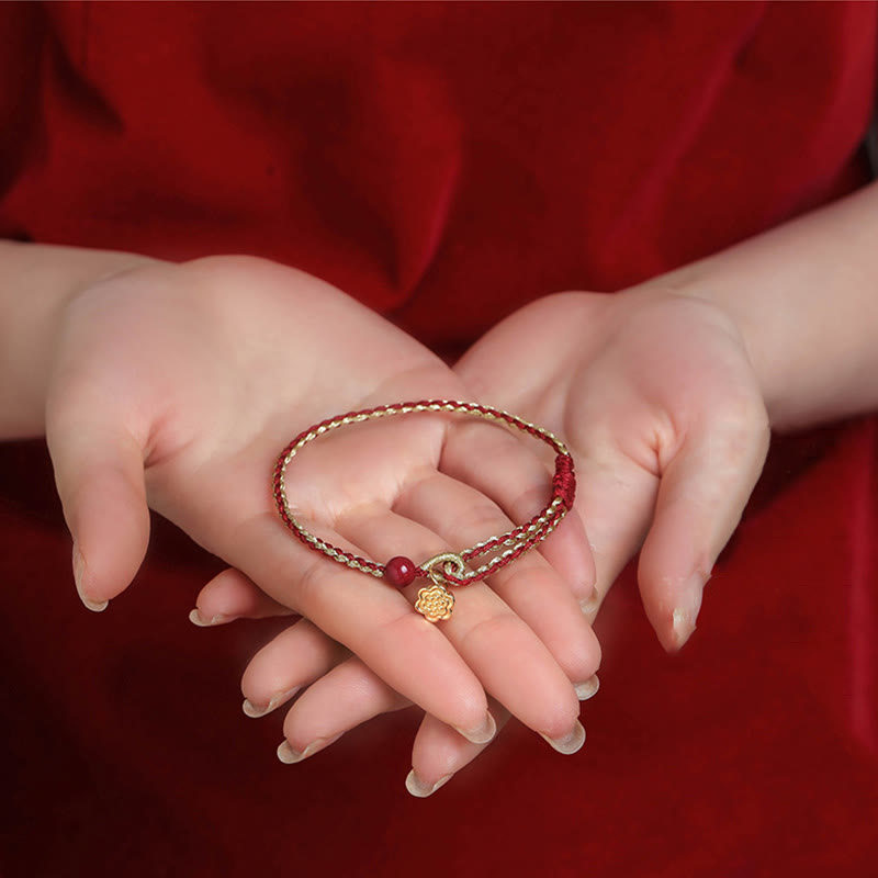 Cinnabar Bracelet with Lotus Silver Blessing Braid 6mm