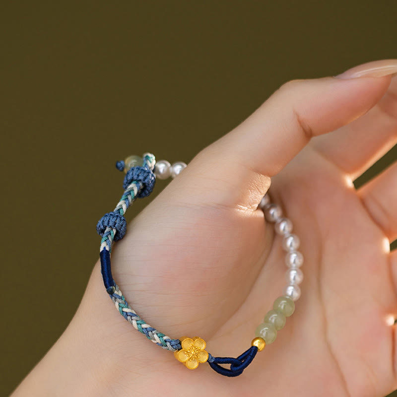 Sterling Silver Hetian Jade Luck Bracelet with Peach Blossom & Pearls