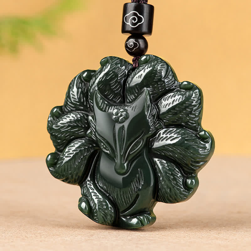 Hetian Cyan Jade Nine Tailed Fox Luck Pendant Necklace