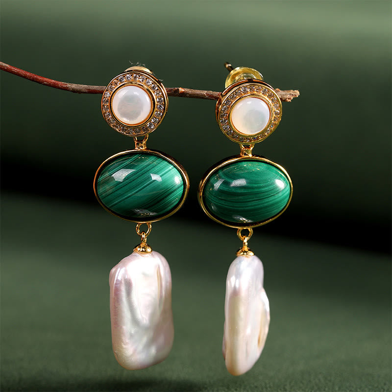 925 Sterling Silver Malachite Baroque Pearl Healing Wisdom Drop Earrings